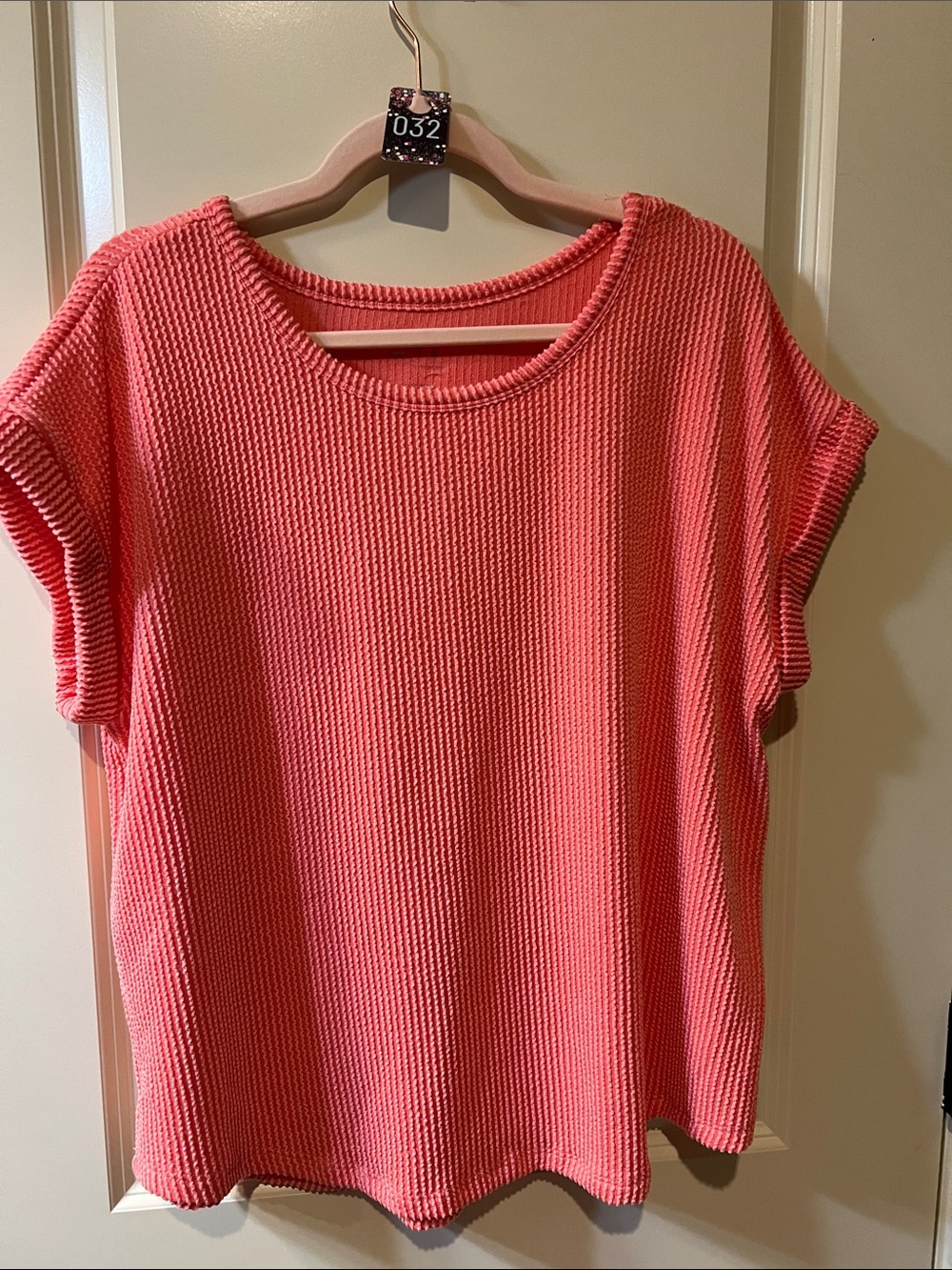 Textured Short-Sleeve Tunic Top in Coral Pink H032 - Picture 1 of 5